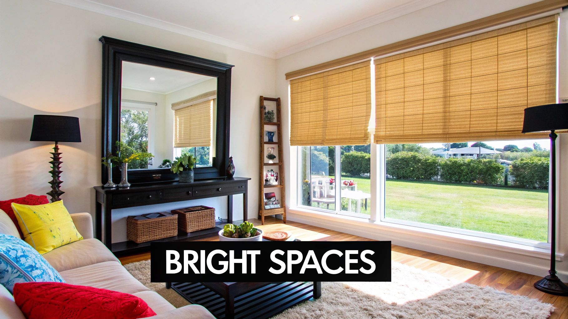 A bright and airy living room with large windows, light-colored walls, and strategically placed mirrors to maximize natural light.
