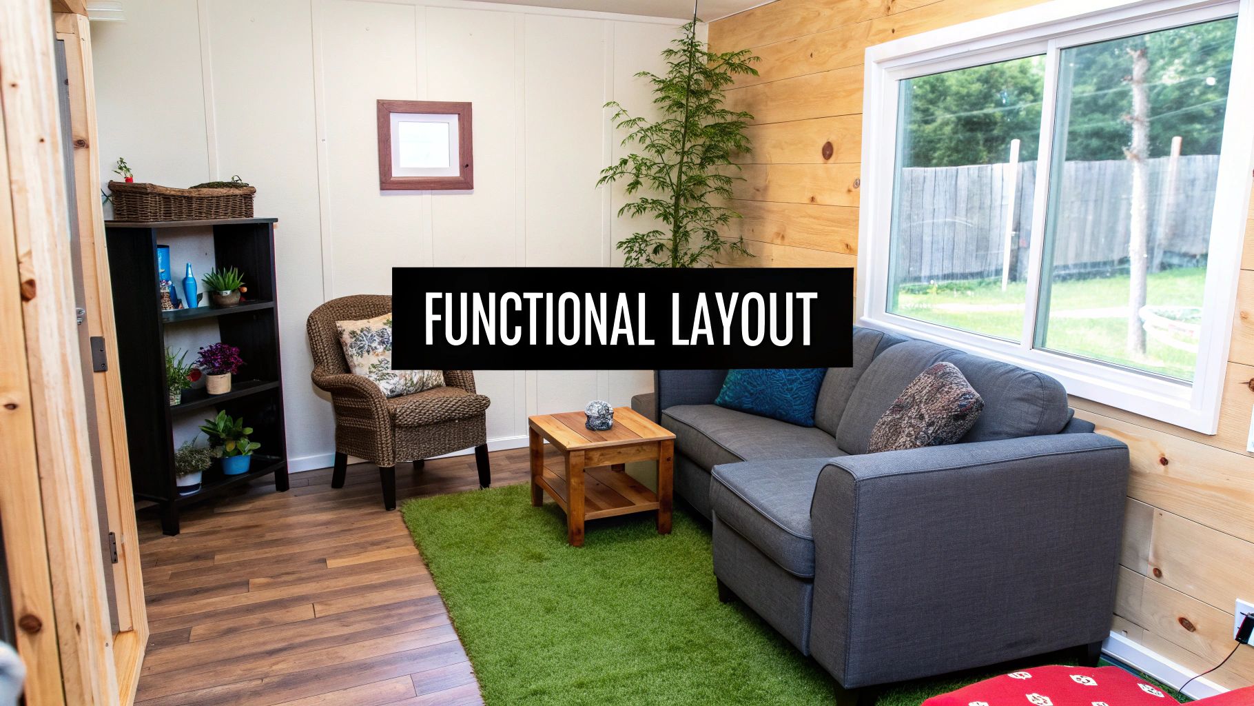 A well-staged living room with furniture pulled away from the walls, creating a cozy and inviting conversation area.