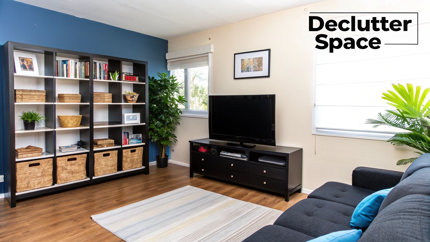 A neatly organized and decluttered living room with neutral decor, ready for a home sale.