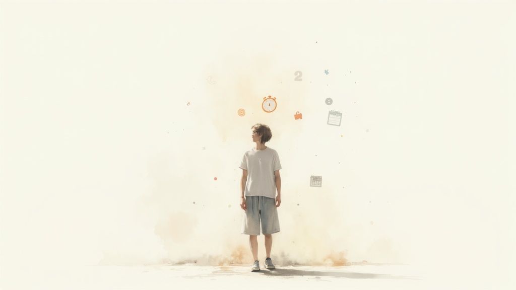 A person sitting on a couch, looking thoughtful and slightly hazy, representing how to clear brain fog.