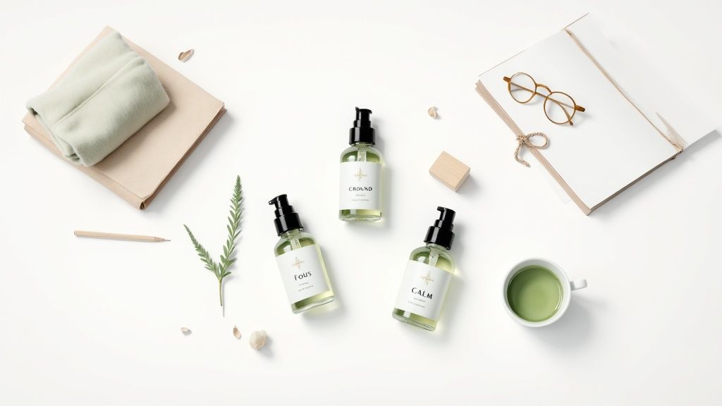 A person's hands holding a functional fragrance mist, ready to spray, symbolizing building a personal toolkit for how to reset your nervous system.