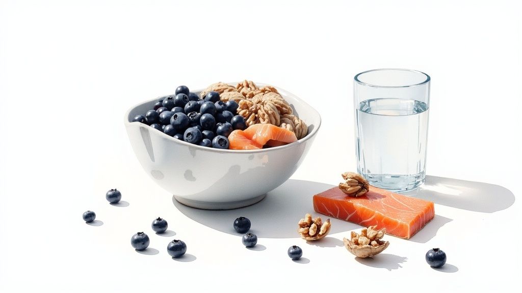 A vibrant spread of brain-boosting foods like blueberries, walnuts, and salmon, representing how to clear brain fog through diet.
