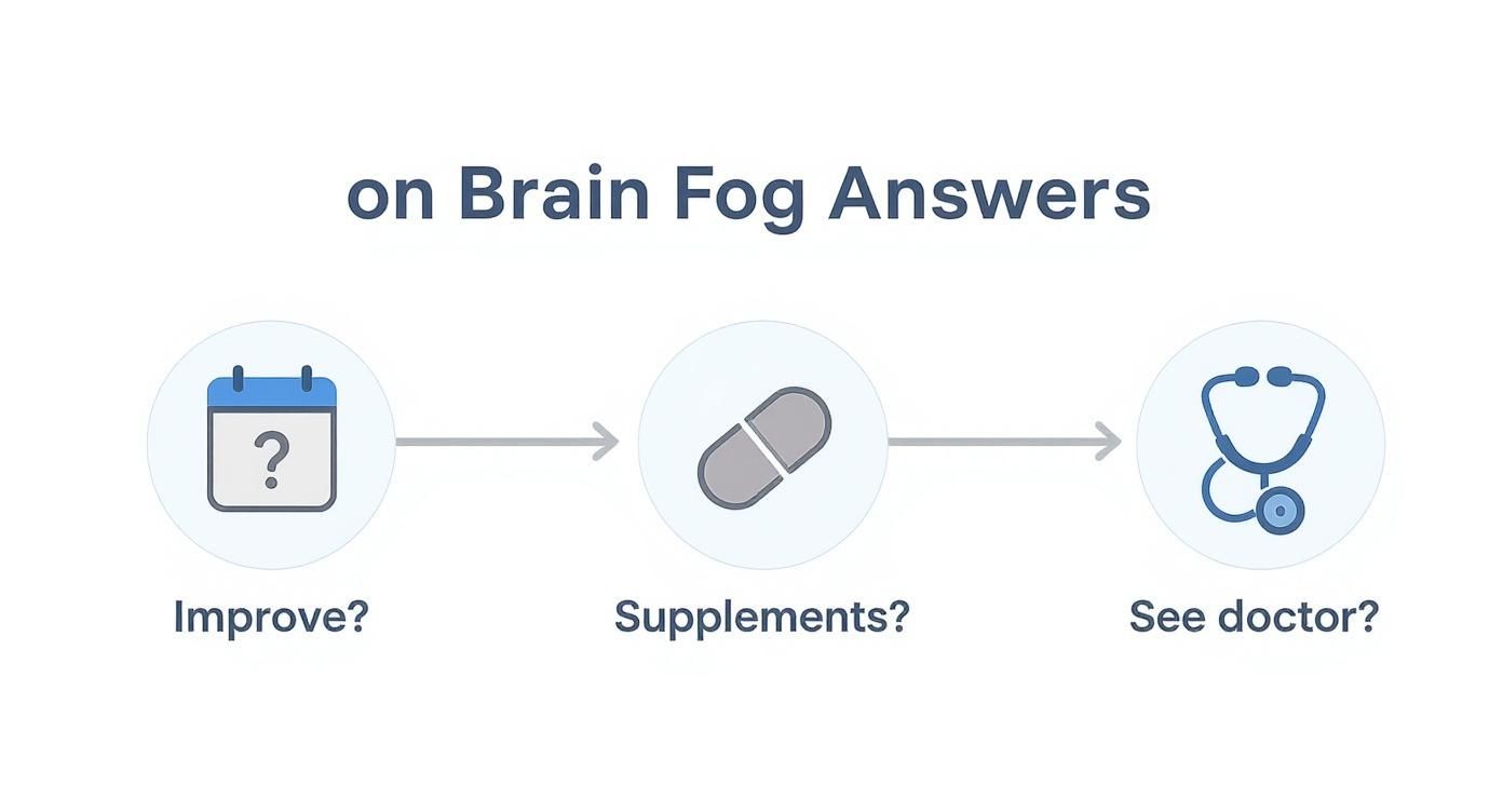 Infographic timeline about how to clear brain fog, showing icons for improving habits, considering supplements, and seeing a doctor.