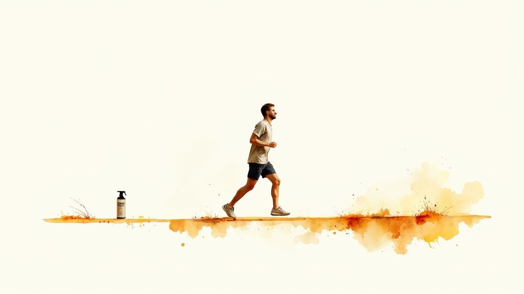 A person enjoying a brisk walk in a park, with sunlight filtering through trees, feeling refreshed and a great example of how to clear brain fog.