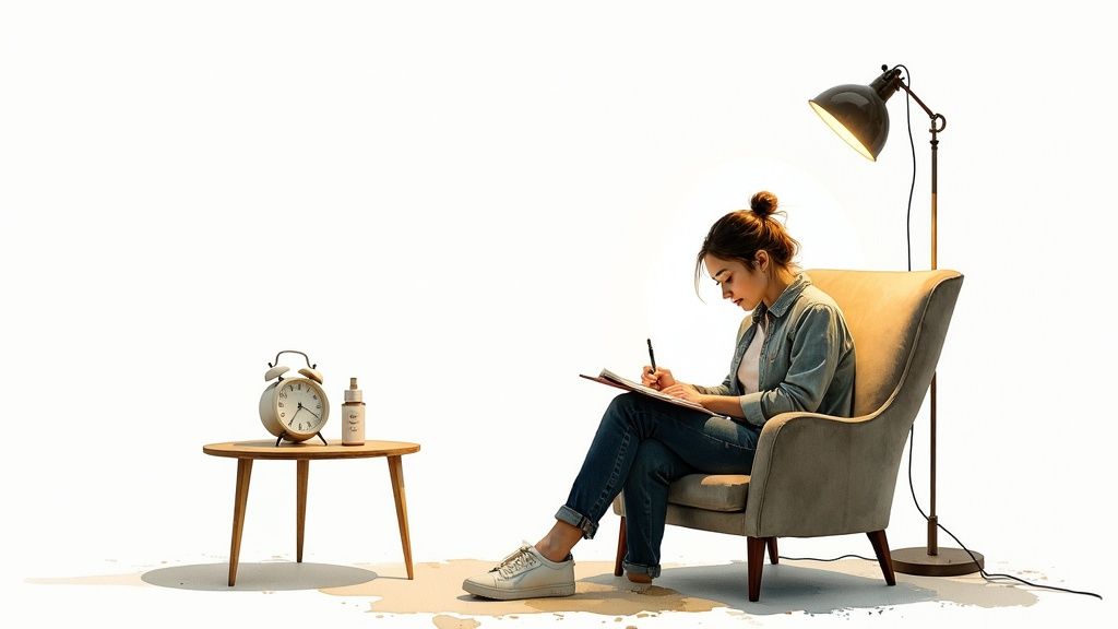 A person looking thoughtfully at their phone screen with a question mark icon overlayed, representing FAQs on how to improve sleep hygiene.