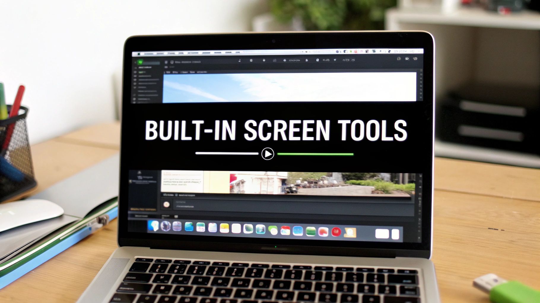 MacBook laptop displaying built-in screen recording tools interface with video timeline on desk