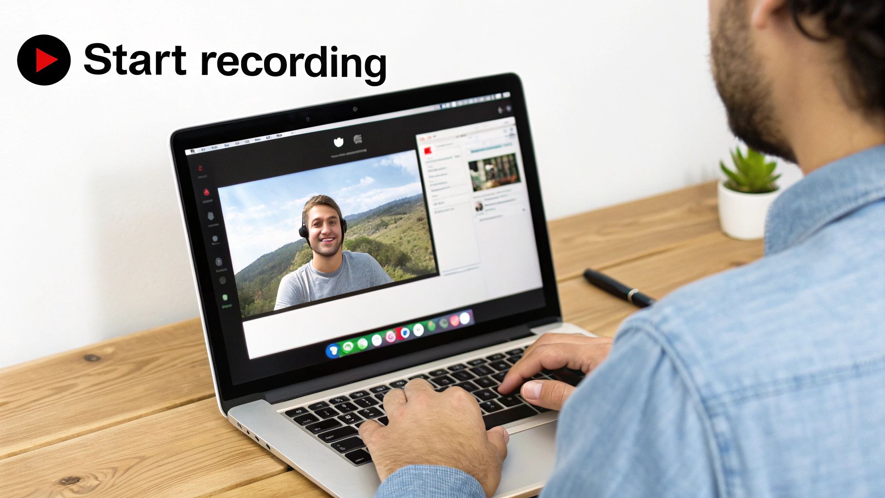 Man using a laptop to record a video call of a smiling man wearing headphones, with 'Start recording' text.