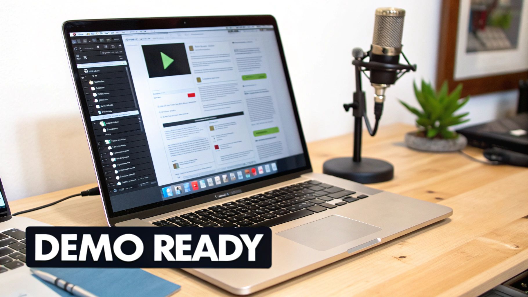 A modern laptop on a wooden desk displays a video editing interface next to a podcast microphone.