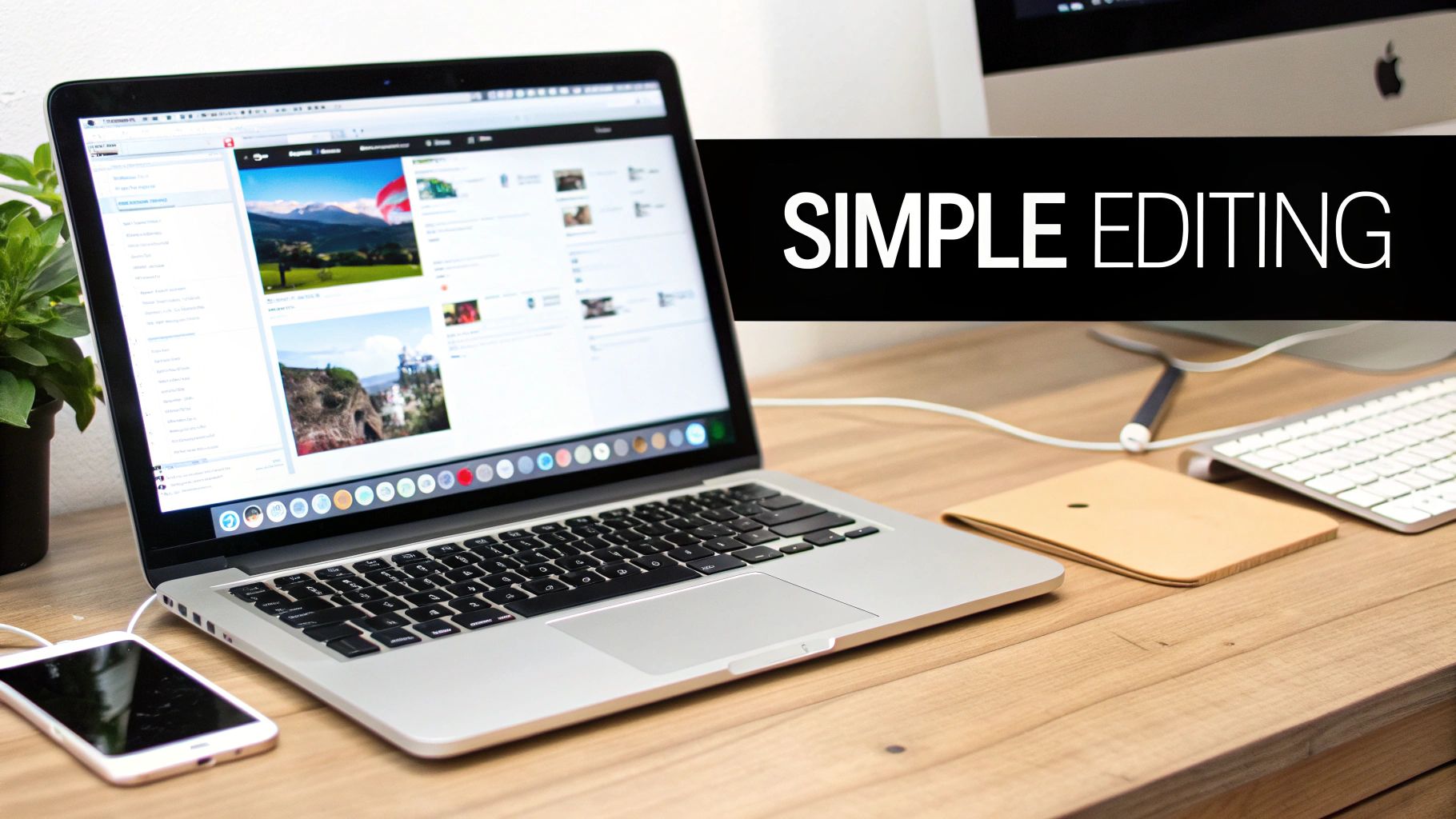 A modern and clean video editing interface on a Mac laptop screen, showing a timeline and preview window.