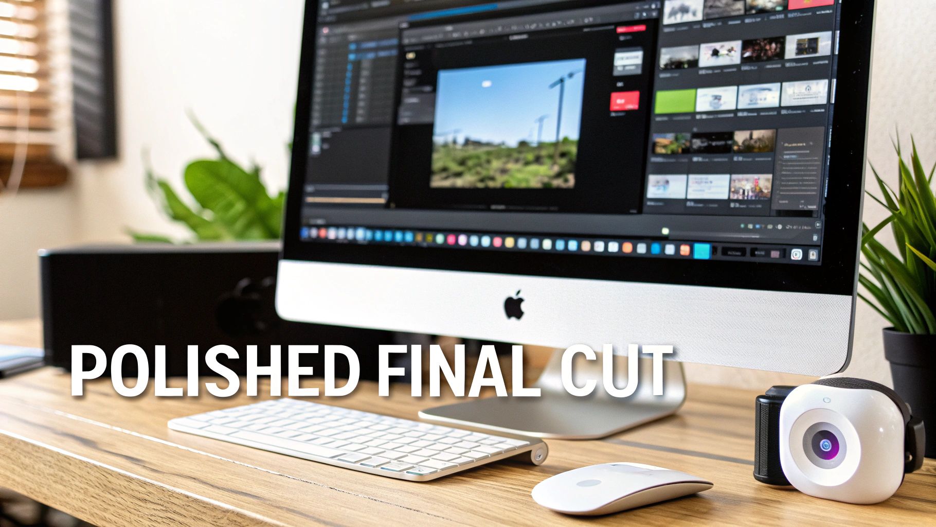 A modern desktop setup featuring an Apple iMac displaying a video editing application with a clean workspace.