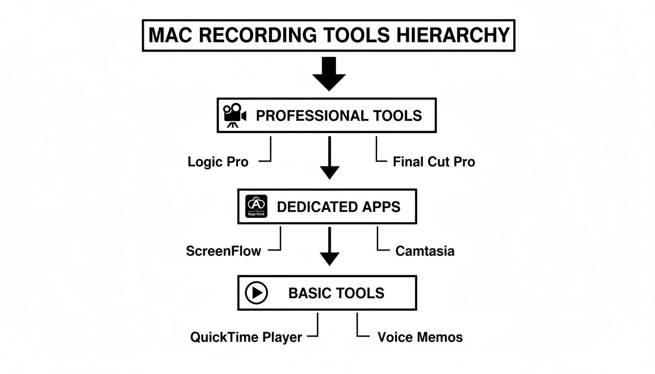 Hierarchy of Mac recording tools, categorized into professional, dedicated apps, and basic tools with examples.