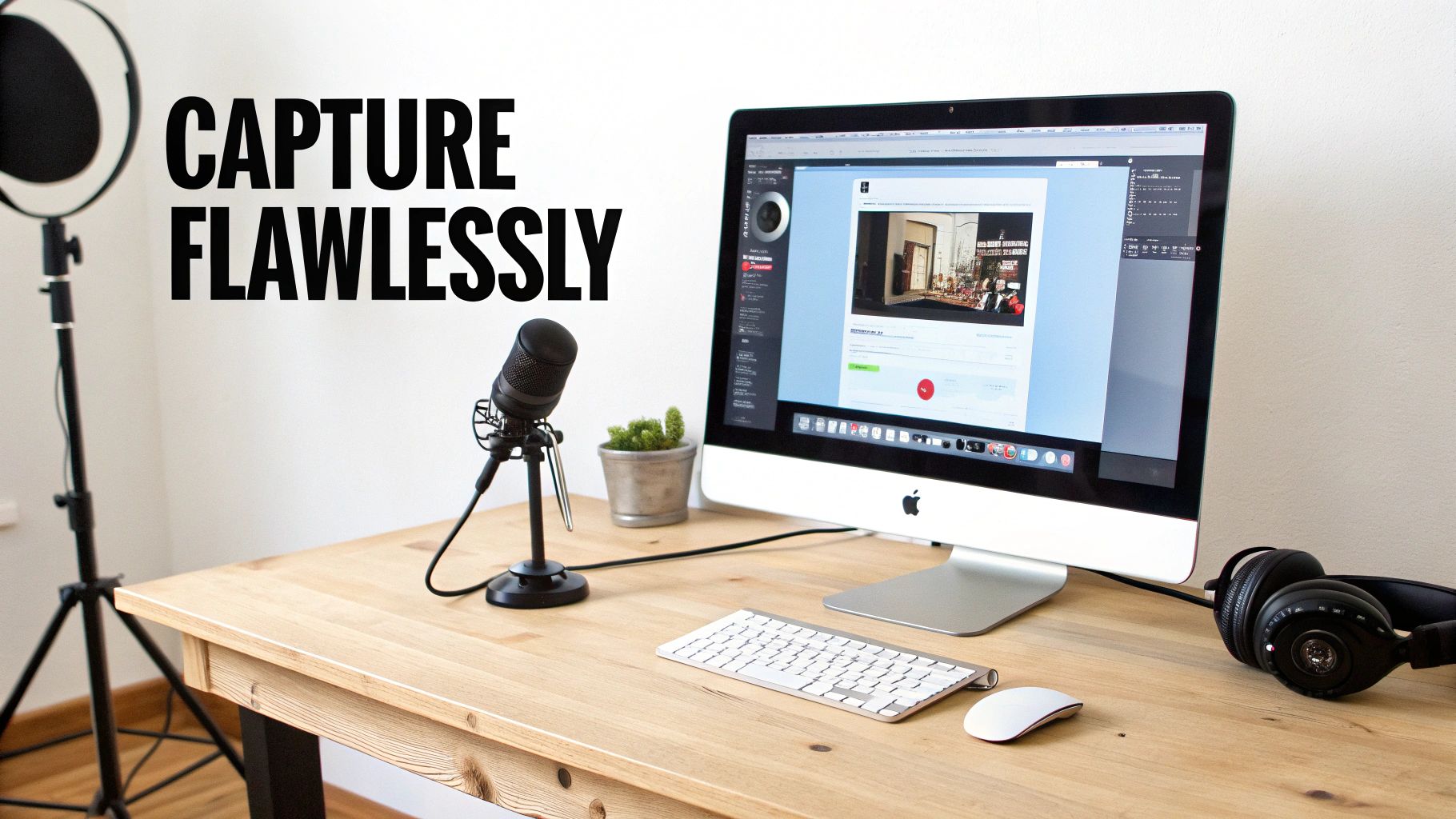 A modern desk setup featuring an iMac, microphone, headphones, and a ring light, ideal for content creation.