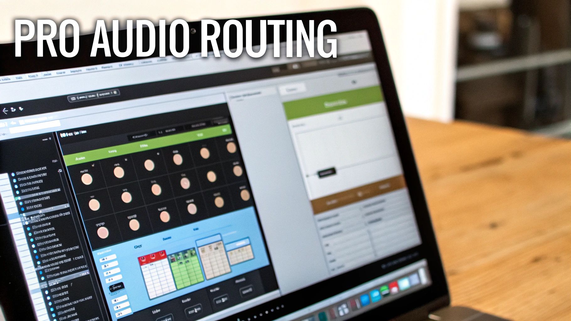 Laptop screen displaying 'PRO AUDIO ROUTING' software interface for professional sound management on a wooden desk.
