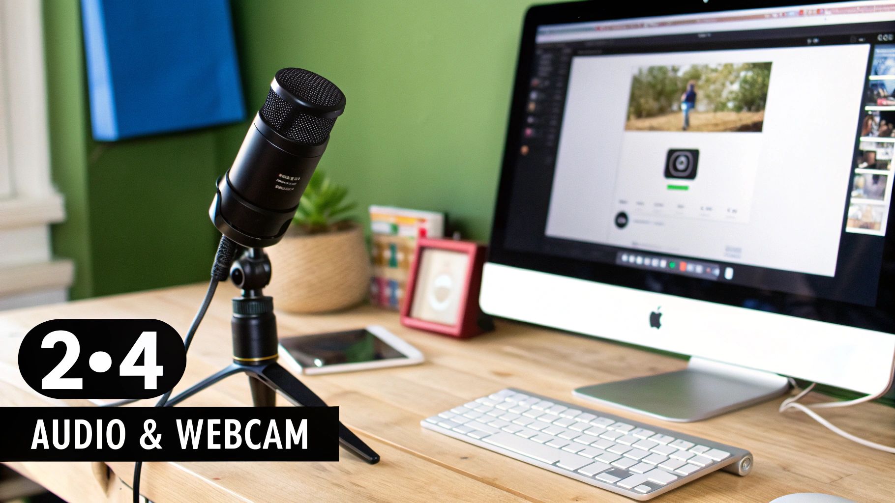 A sleek black microphone on a tripod next to an Apple iMac and keyboard on a wooden desk.