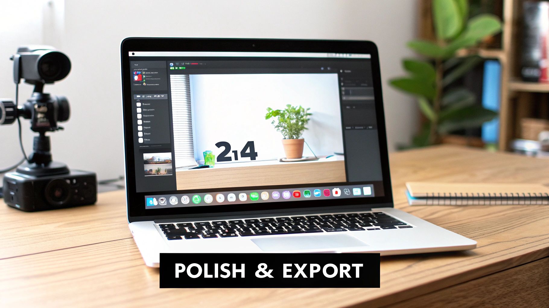 A MacBook laptop on a wooden desk displays photo editing software with a plant image, next to a camera and notebook.