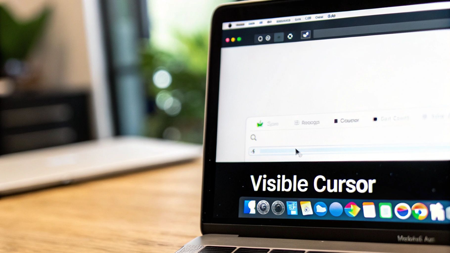 Close-up of a MacBook Pro screen displaying a visible mouse cursor over a white application, with the macOS dock.