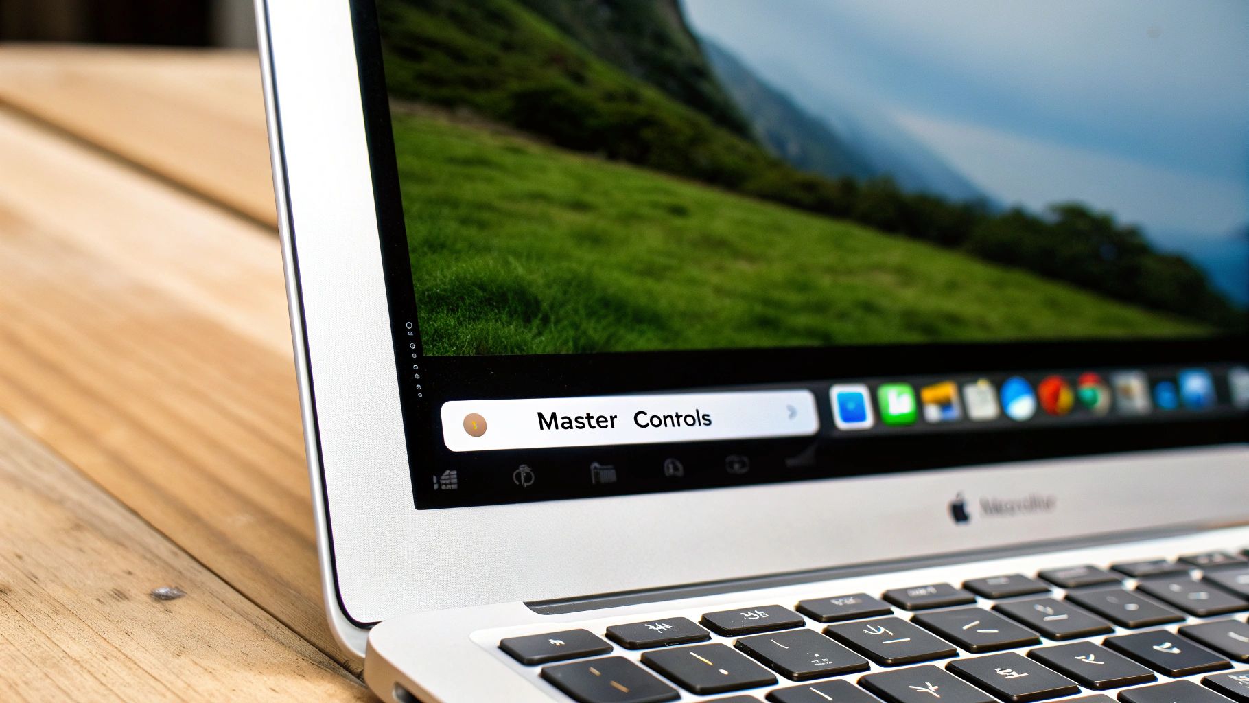 A person's hands using a MacBook Air on a wooden desk.