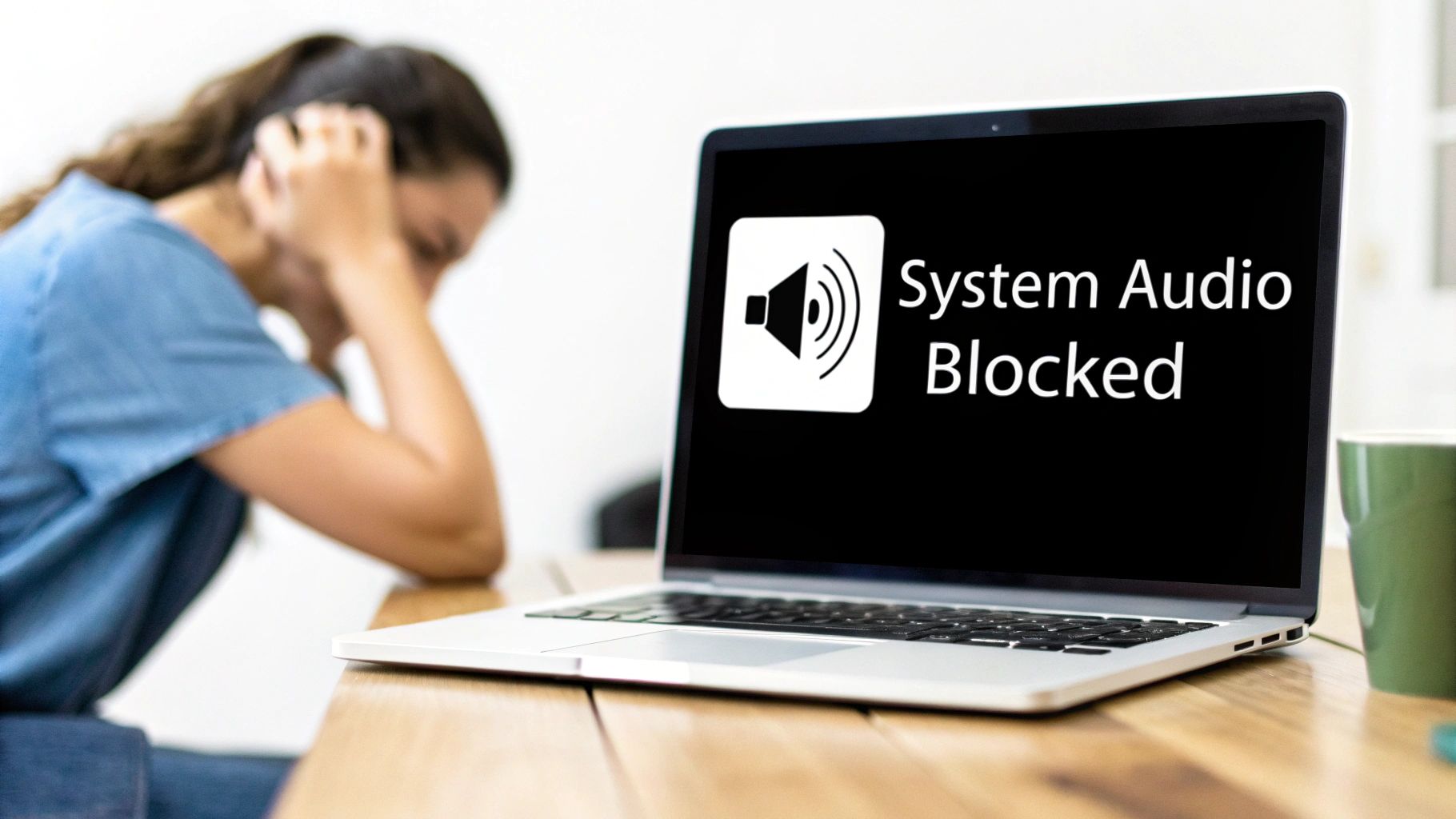A woman looking frustrated at her laptop displaying 'System Audio Blocked' message.