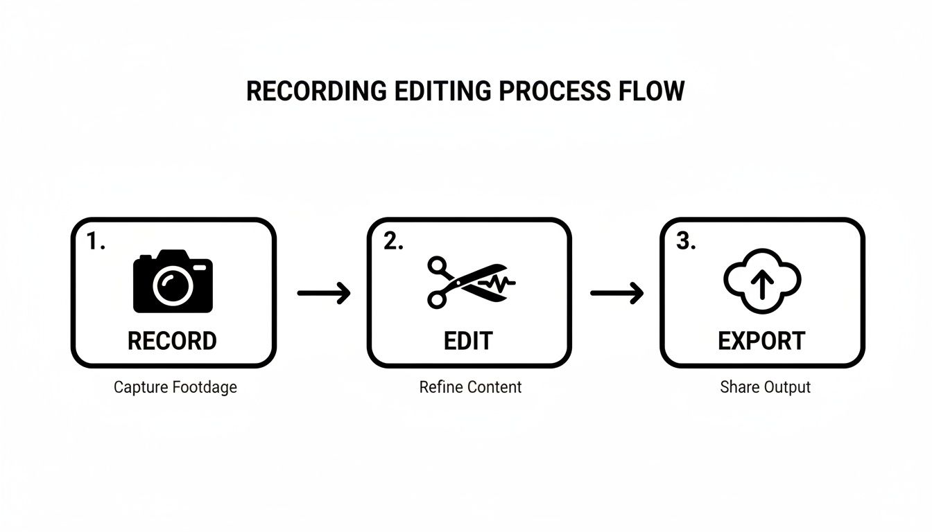 Process flow diagram showing three steps: record, edit, and export video content.