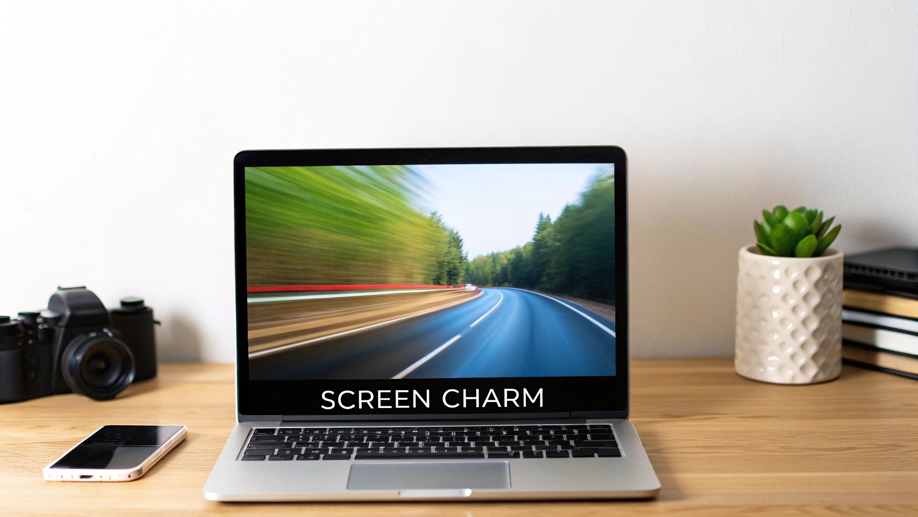 A screenshot of the Screen Charm application, showcasing its clean user interface and automated editing features for macOS.