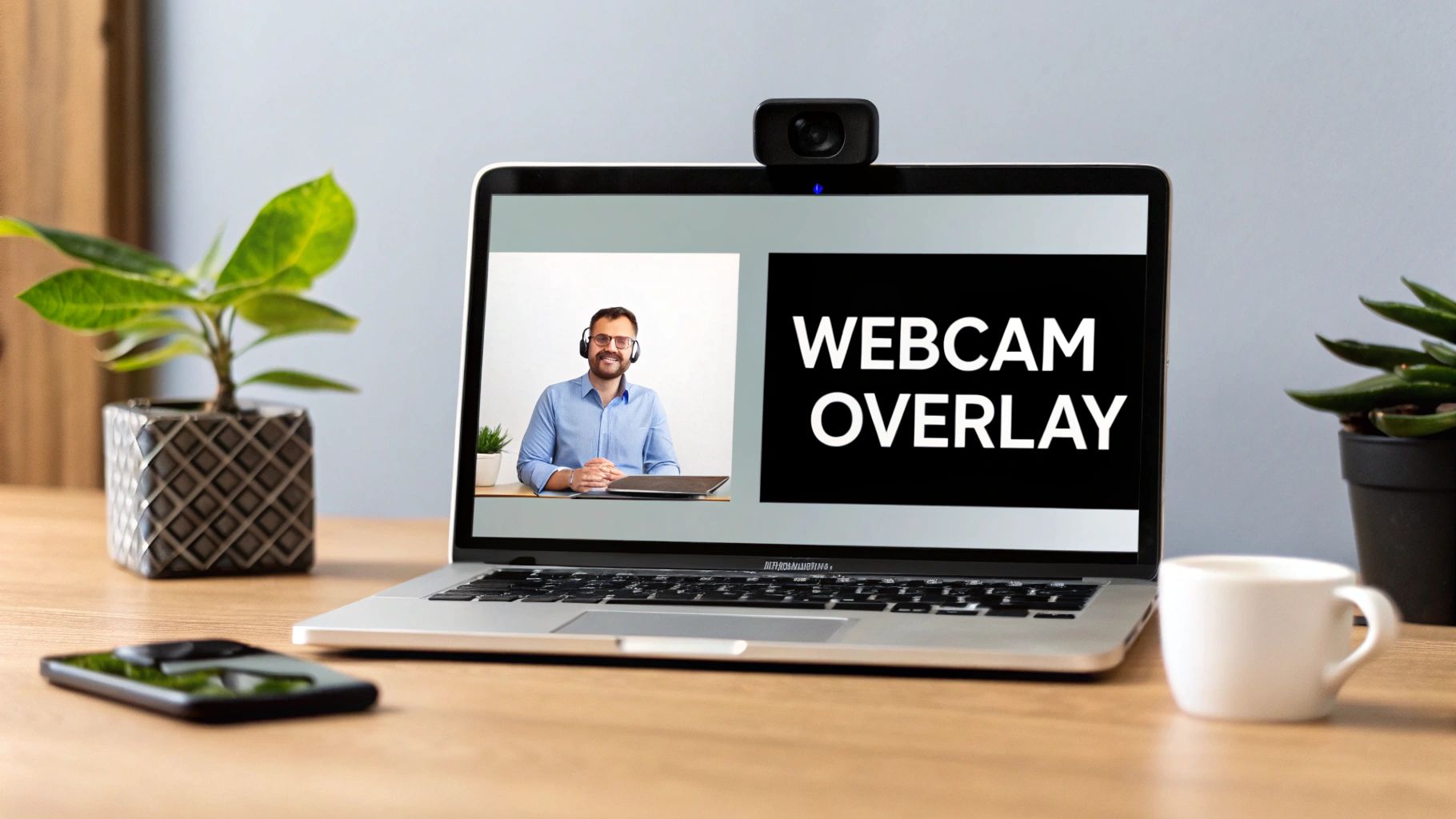 A laptop with an external webcam shows a man in headphones and 'WEBCAM OVERLAY' text.