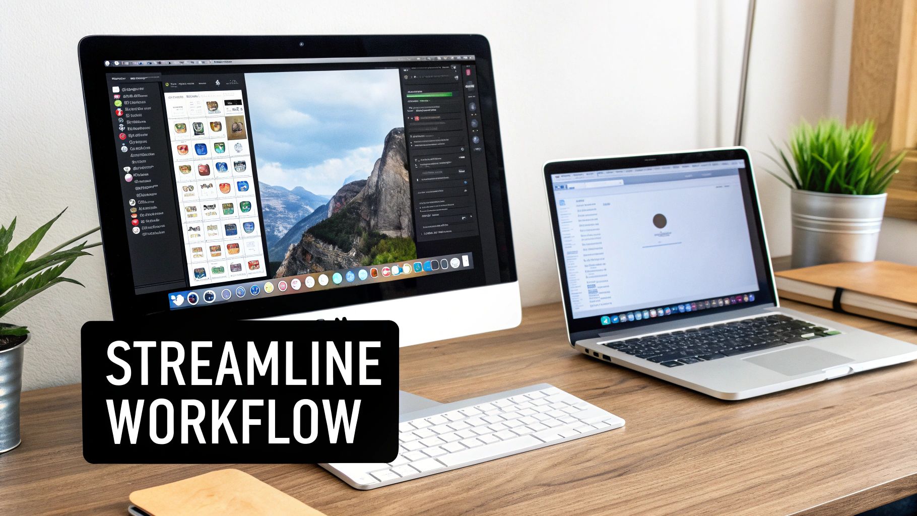 A modern workspace featuring an iMac with photo editing software and a MacBook on a wooden desk.