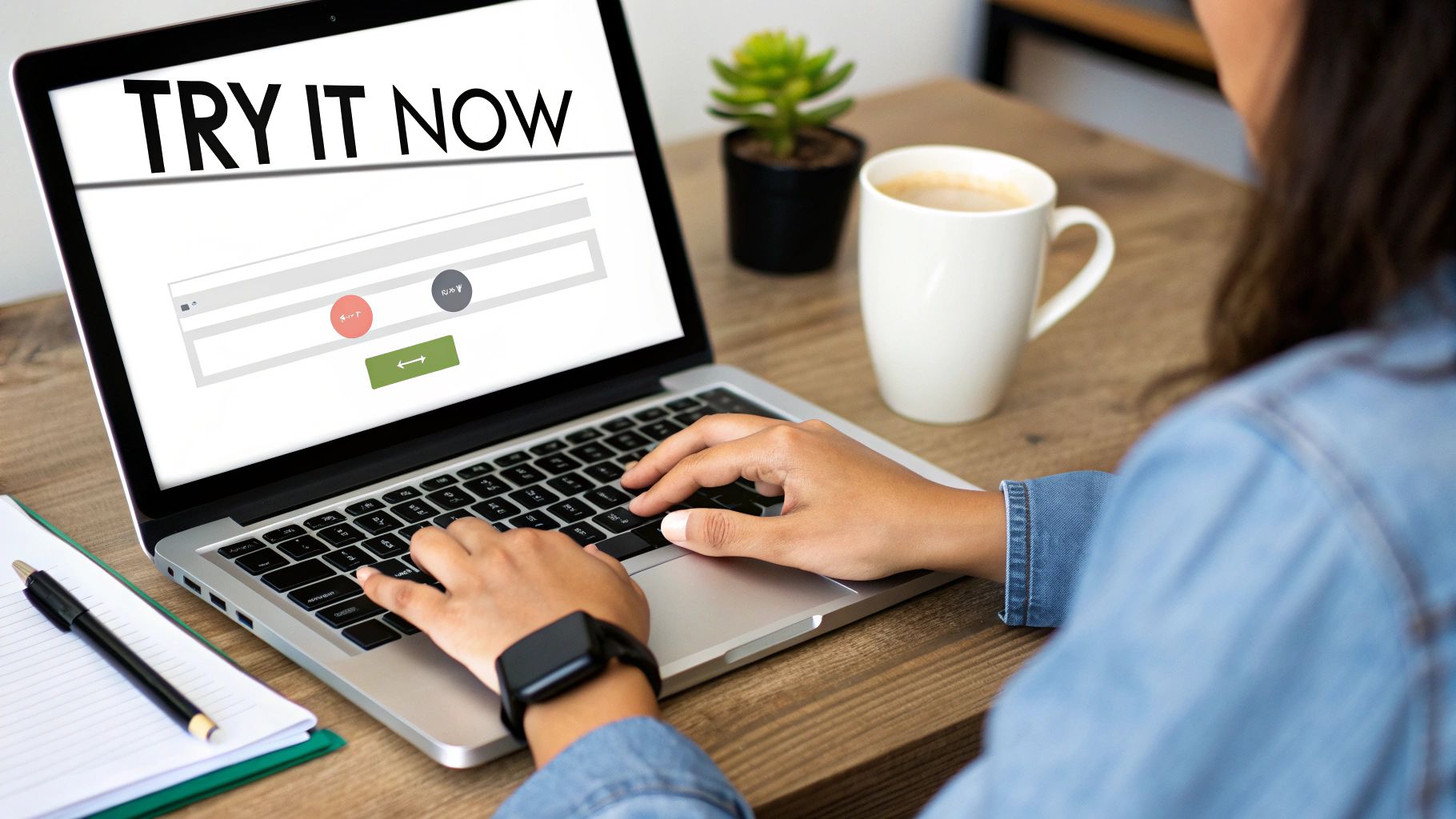 A person types on a laptop displaying 'TRY IT NOW' on screen, with coffee and a plant nearby.