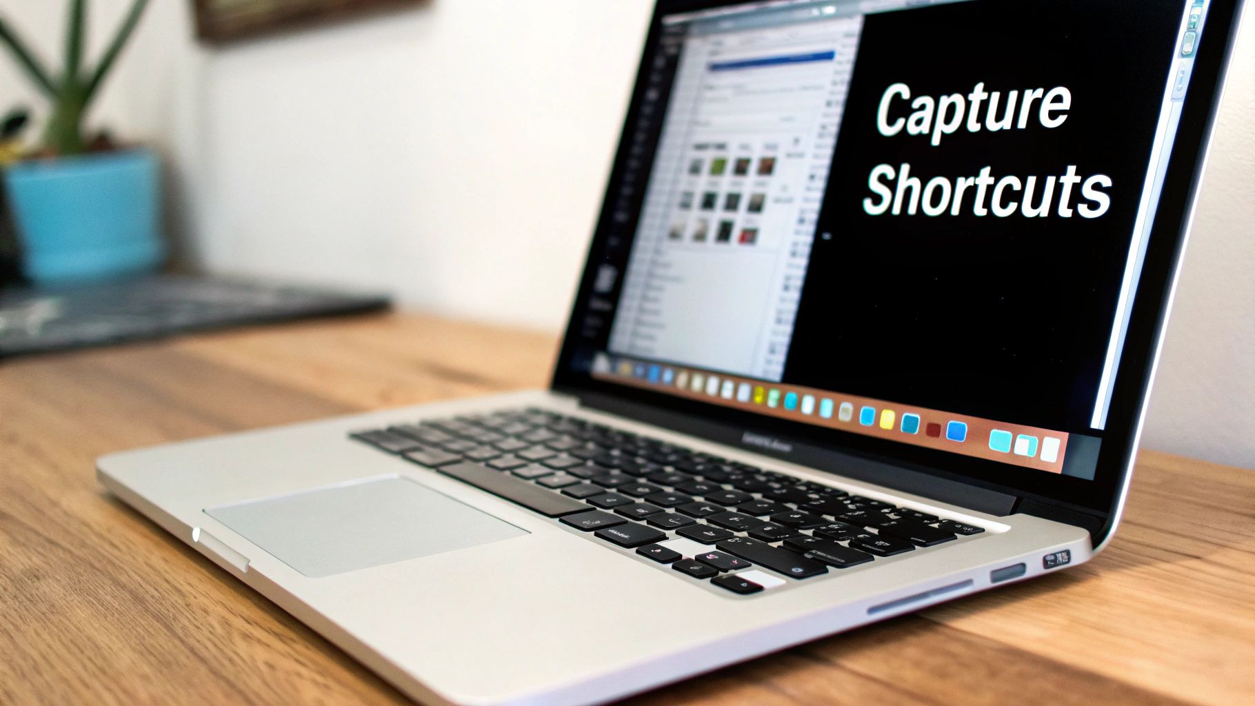 A silver MacBook Pro laptop displays 'Capture Shortcuts' on its screen, resting on a wooden desk.