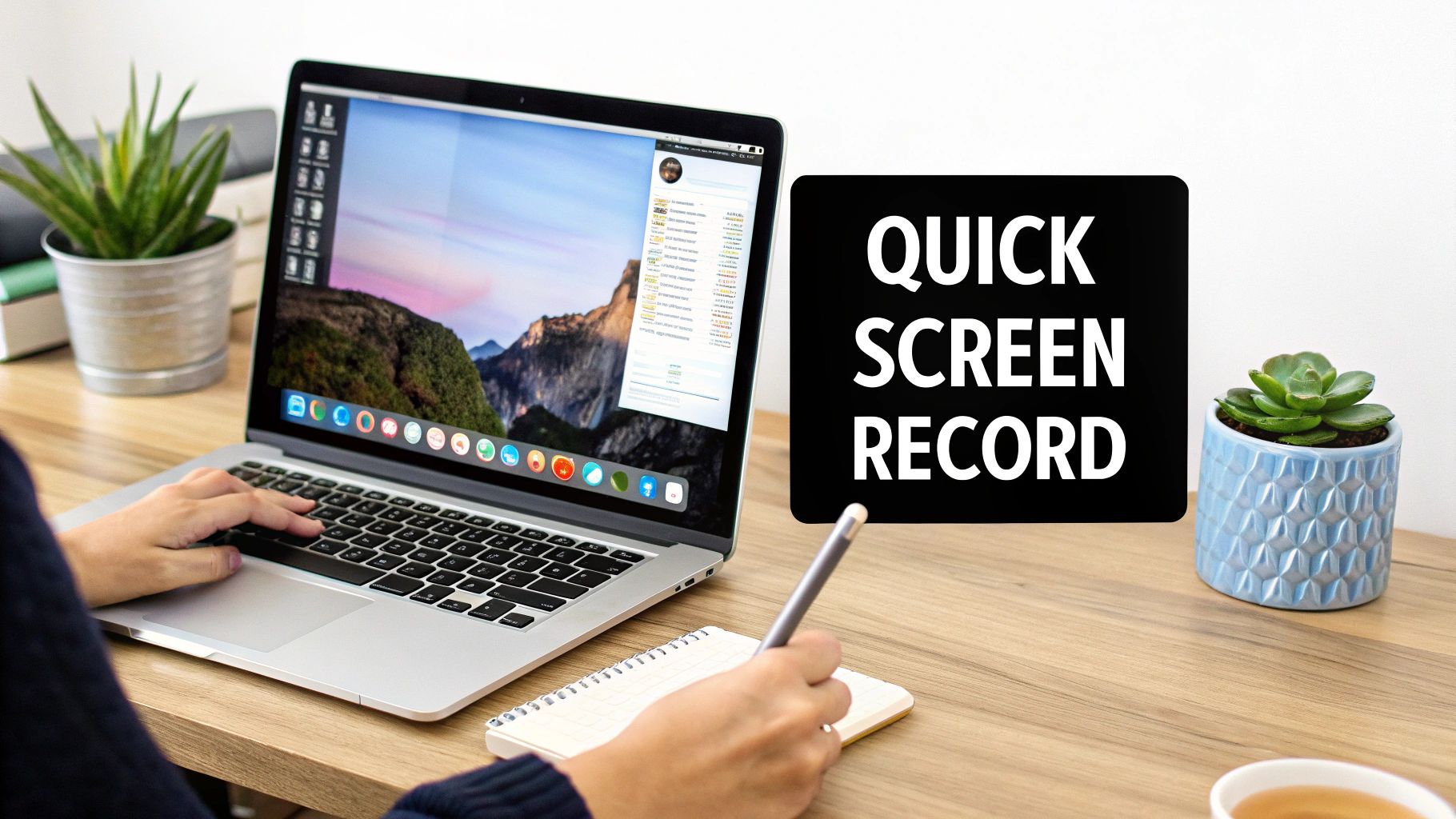 Person using a laptop and writing notes, with "Quick Screen Record" text and plants on a desk.