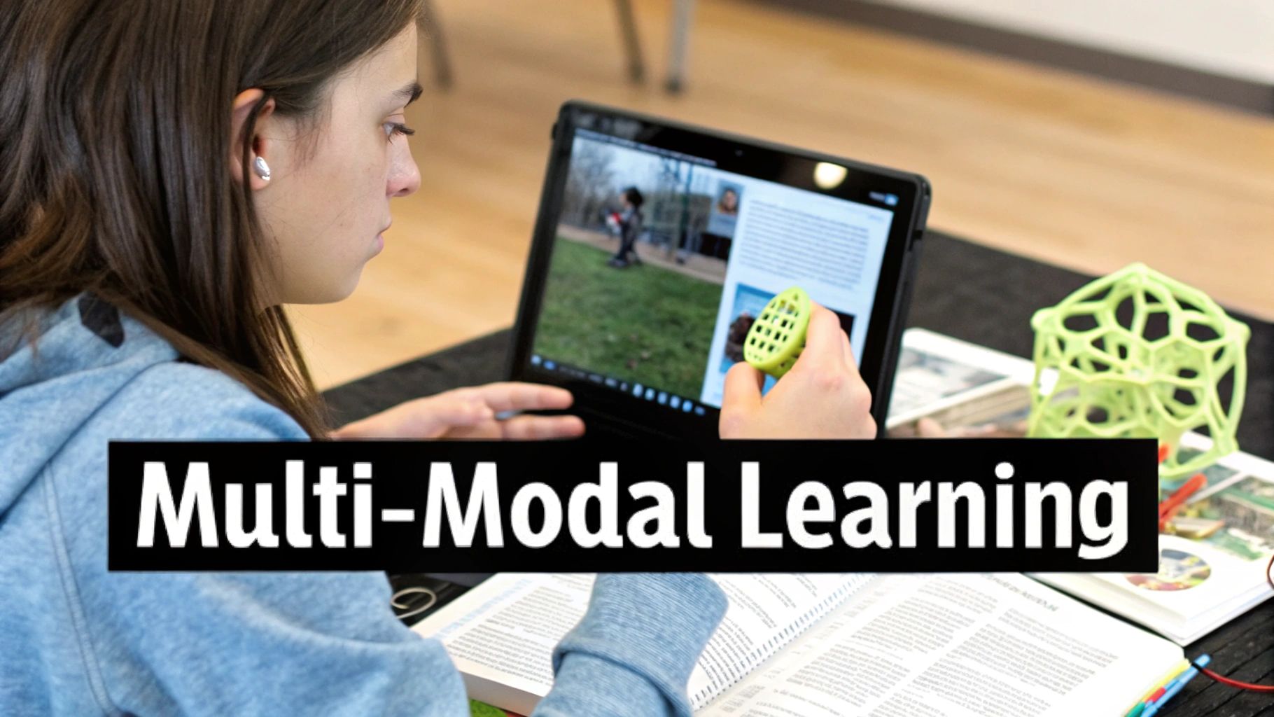 A graphic illustrating different learning modalities: visual (eye), auditory (ear), kinesthetic (hands), and reading/writing (book).