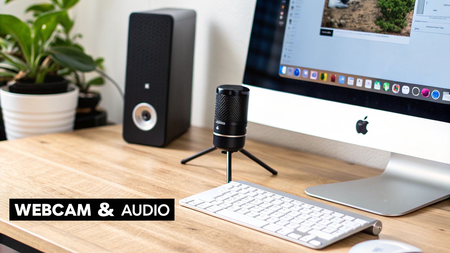 A modern desk setup featuring an Apple iMac, a desktop microphone, a speaker, and a white keyboard.