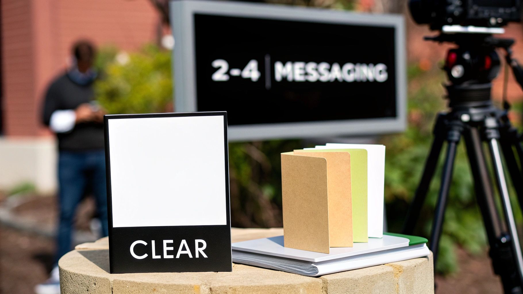 A presentation setup with a "CLEAR" sign, colorful booklets, and a screen displaying "2-4 MESSAGING" outdoors.