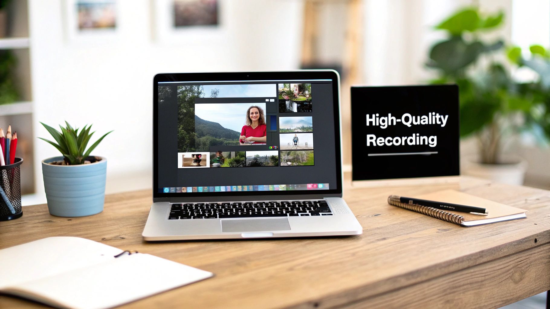 A laptop displaying a video interface with a woman, alongside a "High-Quality Recording" sign on a wooden desk.