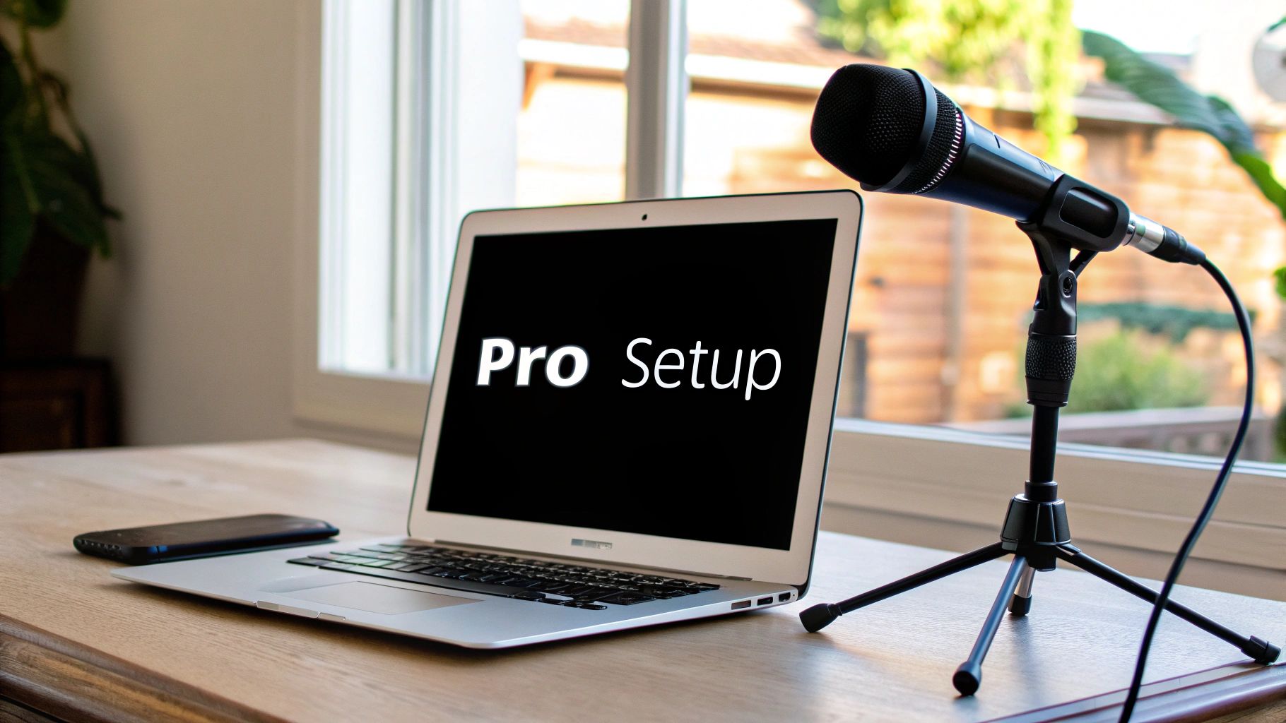 A professional recording setup with a laptop displaying 'Pro Setup', a microphone, and a smartphone on a desk.