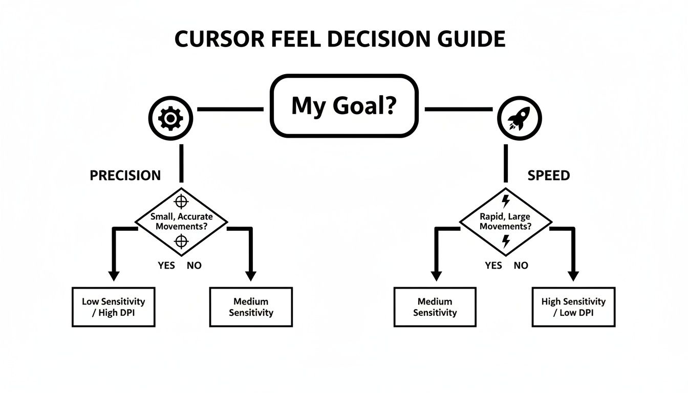A flowchart titled 'Cursor Feel Decision Guide' for setting mouse sensitivity based on precision or speed goals.