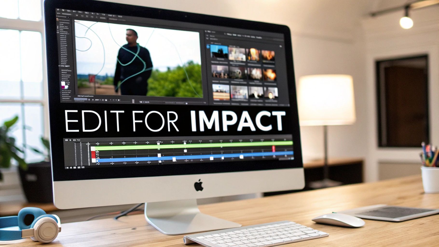 An Apple iMac displays video editing software with 'EDIT FOR IMPACT' text on a wooden desk.