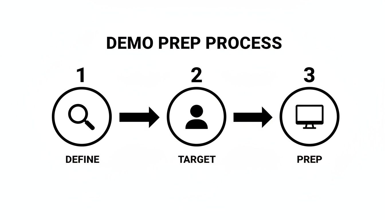 A visual diagram illustrating the three steps of a demo preparation process: Define, Target, and Prep.