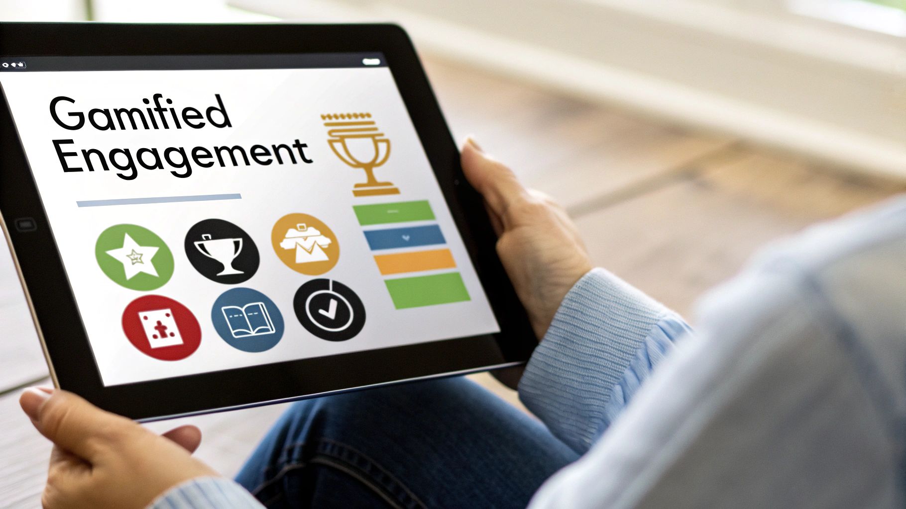 Infographic showing key gamification elements: points, badges, leaderboards, and progress bars, with icons for each.