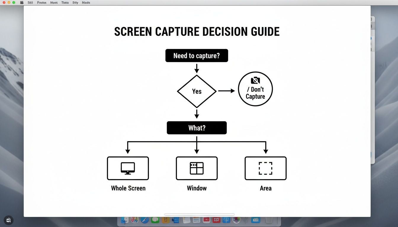 A screen capture decision guide flowchart showing options for capturing whole screen, window, or area.