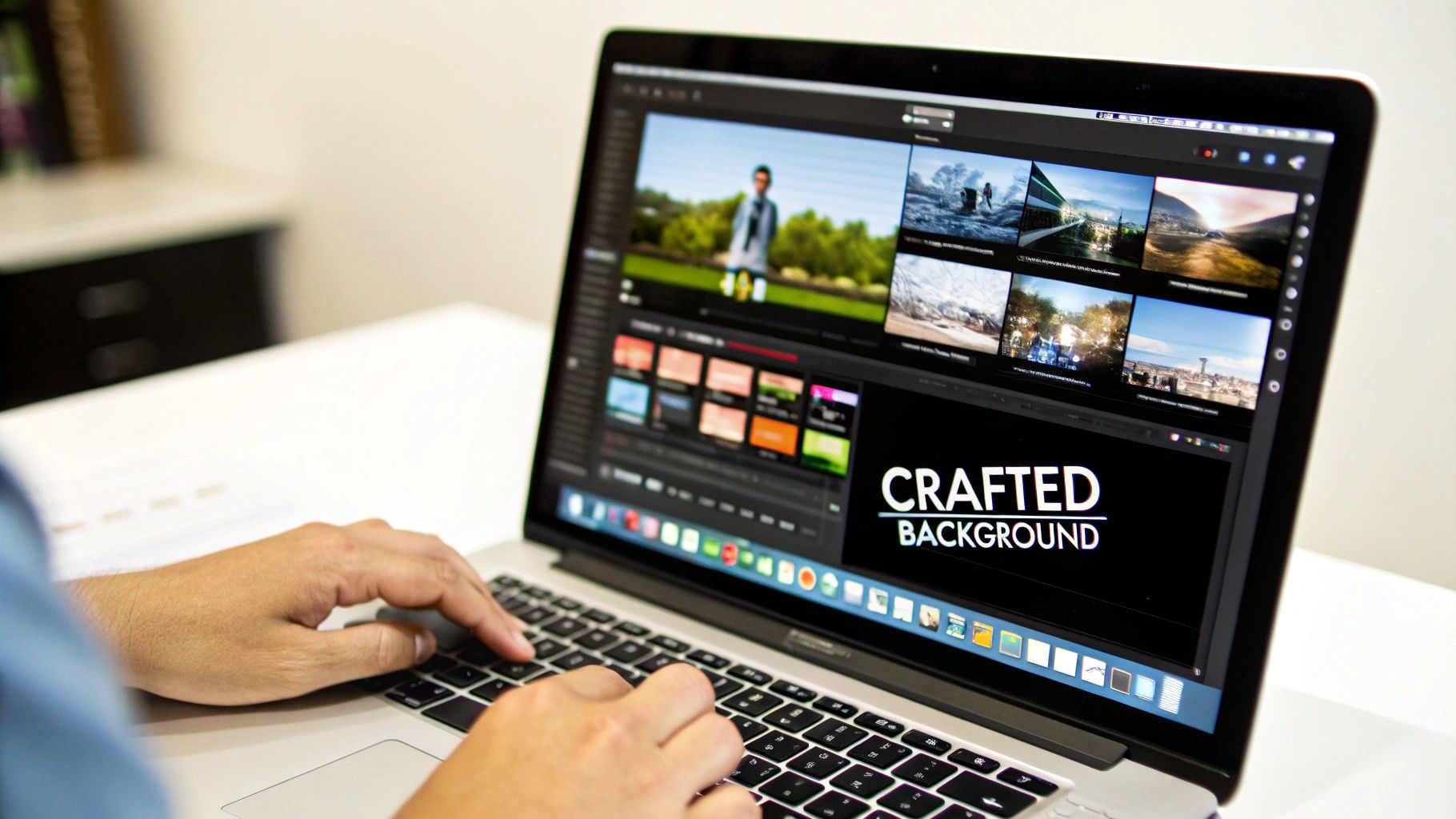 Close-up of hands typing on a MacBook laptop, displaying video editing software with backgrounds.