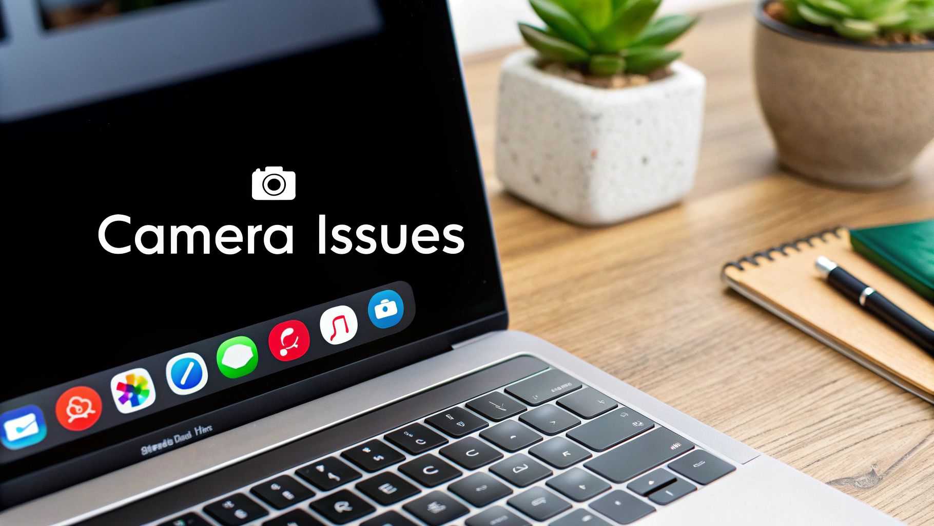 A laptop screen displays 'Camera Issues' with an icon, showing a dock with app icons.