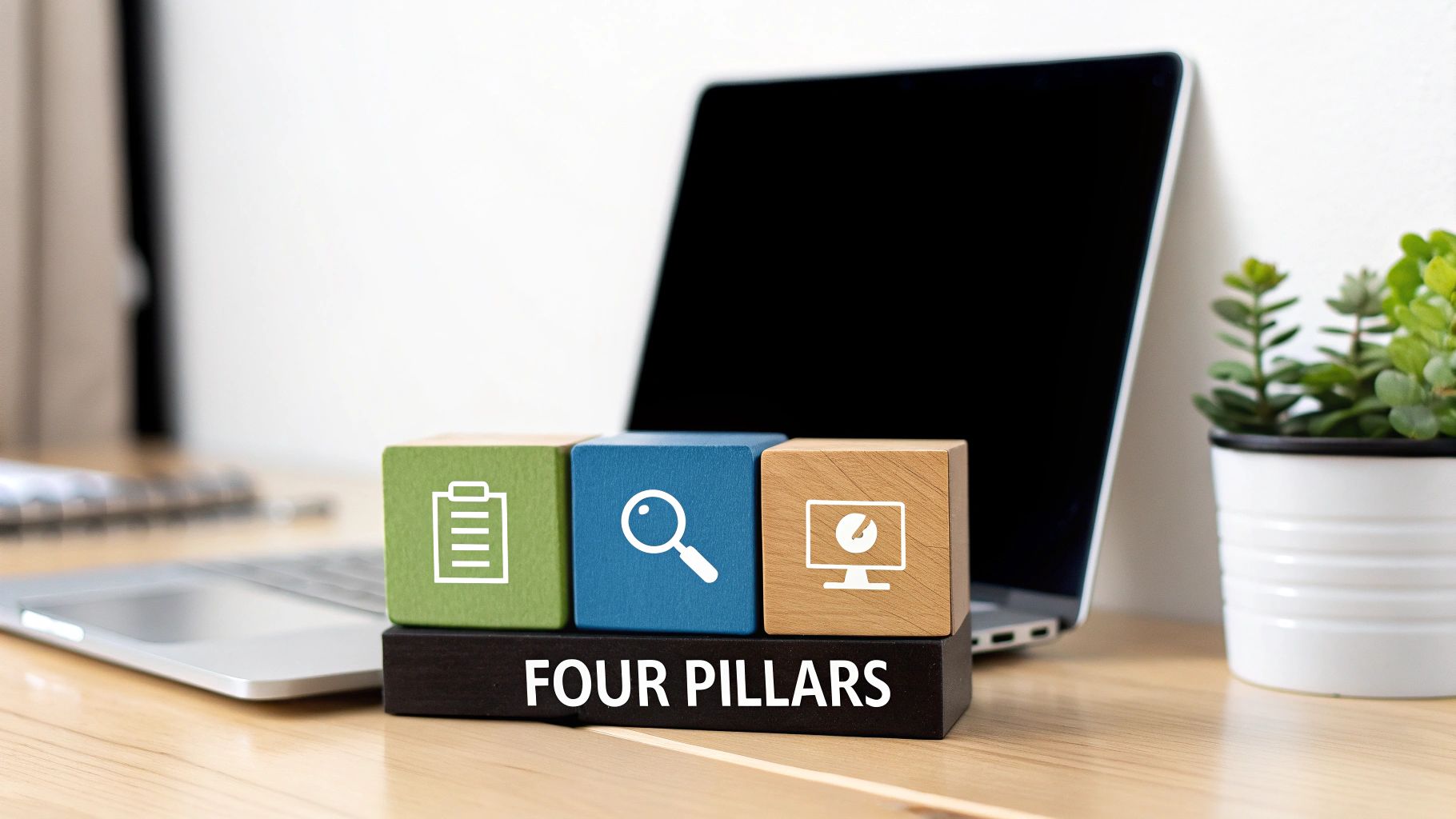 Three colorful blocks representing 'Four Pillars' with icons for documents, search, and data analytics on a desk.