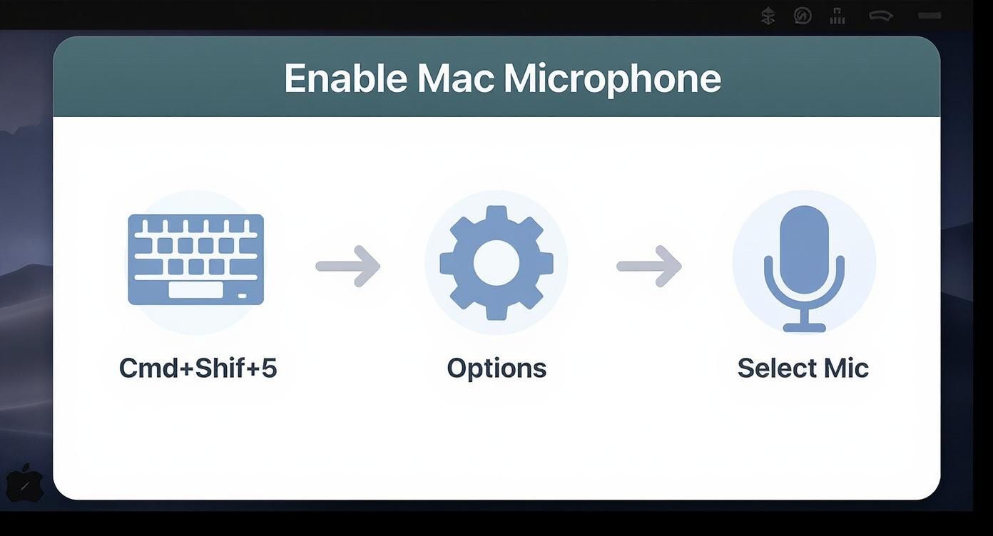 Infographic showing the process to enable a microphone on a Mac: A keyboard icon for Cmd+Shift+5, a gear icon for Options, and a microphone icon for selecting the mic.