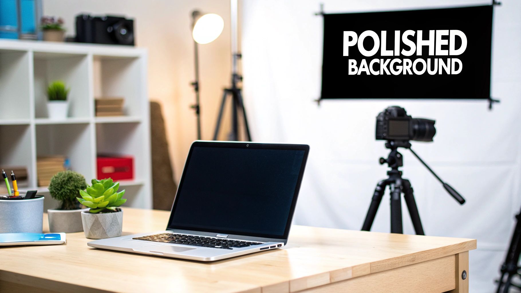 A modern studio setup with a laptop, camera on a tripod, and white background with a 'POLISHED BACKGROUND' banner.