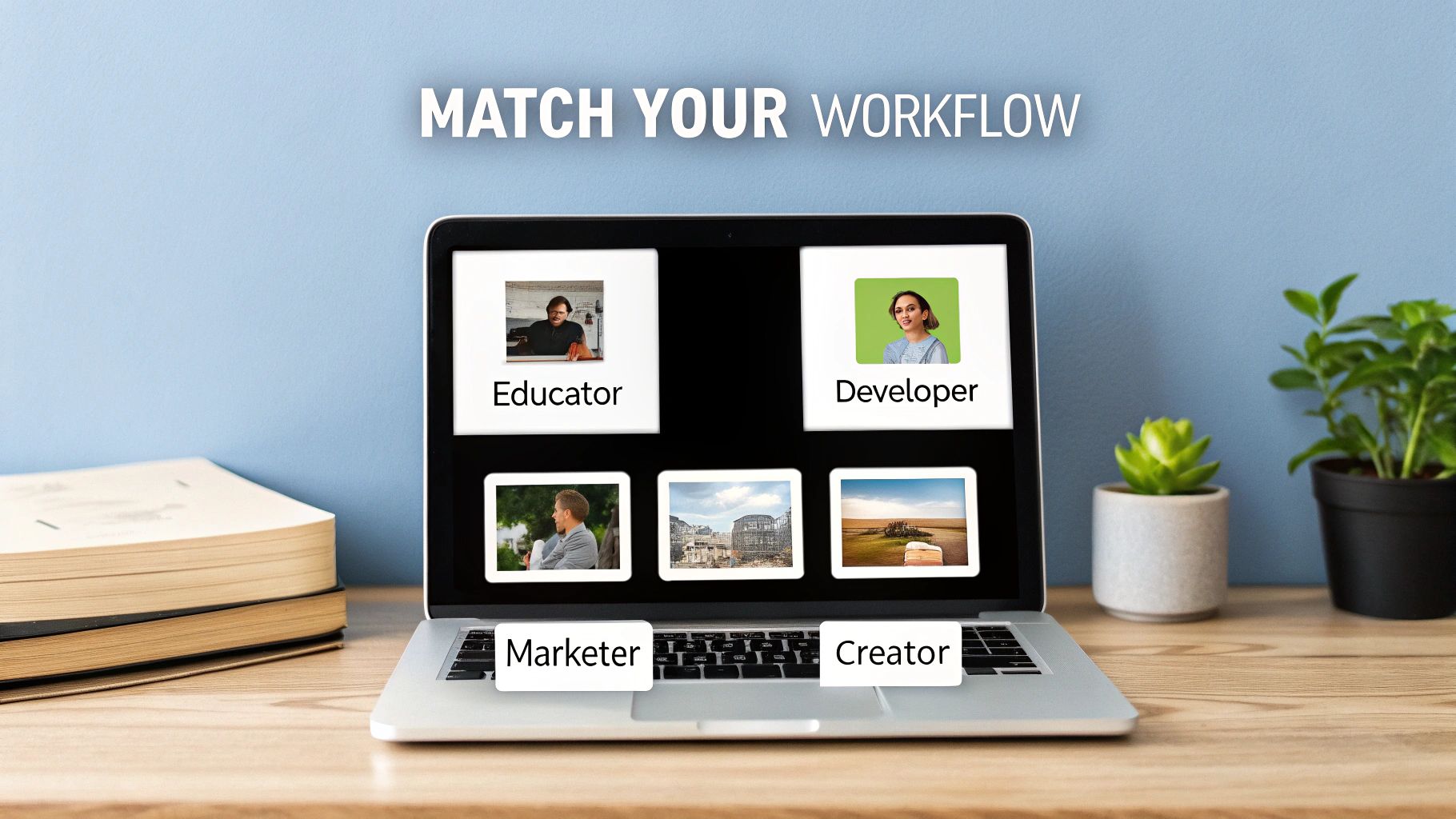A person using a laptop with icons representing different professional workflows floating around them.