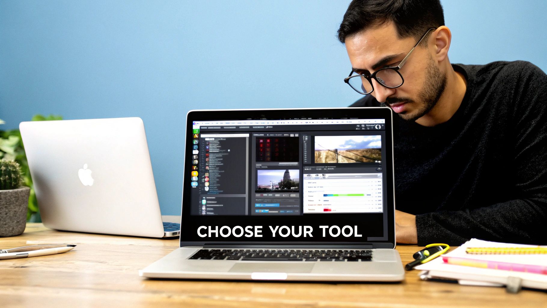 A man wearing glasses intently looks at a laptop screen displaying a video recording application. Another MacBook sits in the background.