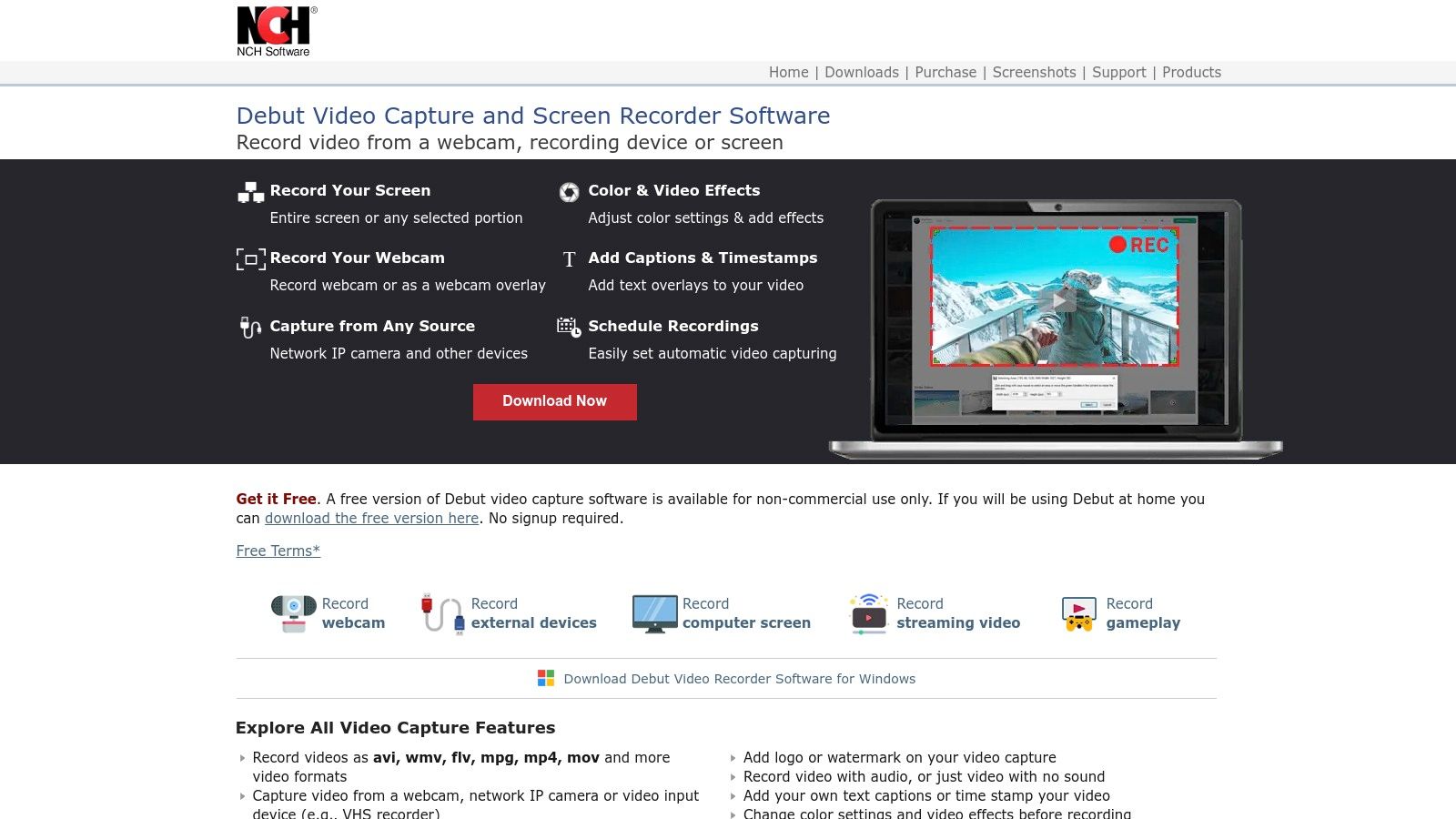 Debut Video Capture (NCH Software) interface showing recording options on macOS