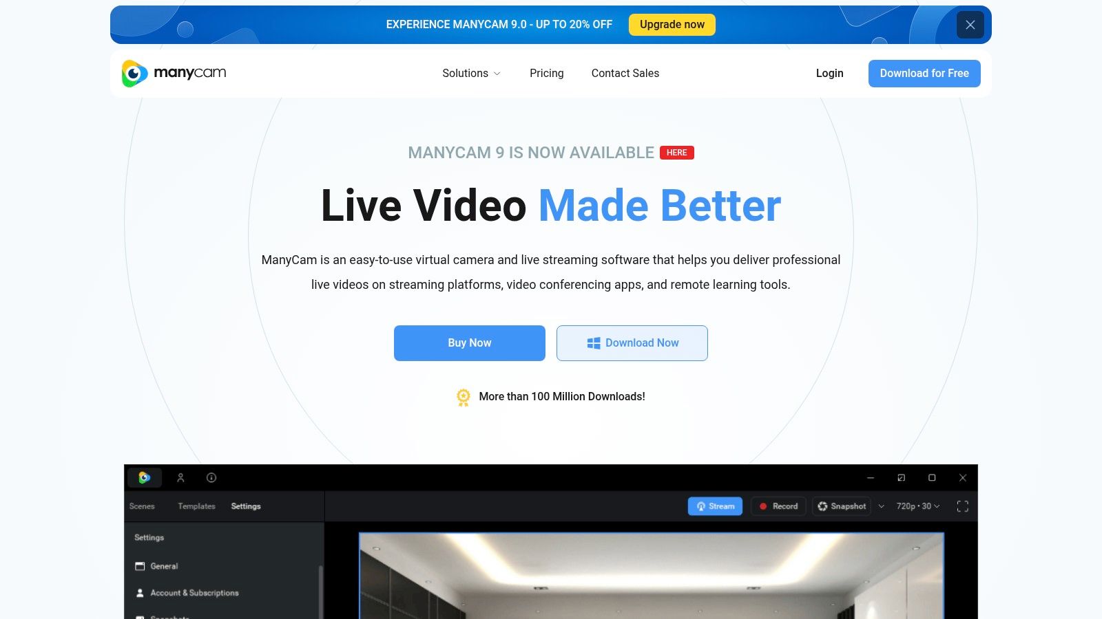 ManyCam software interface showing video source and effects options on a Mac
