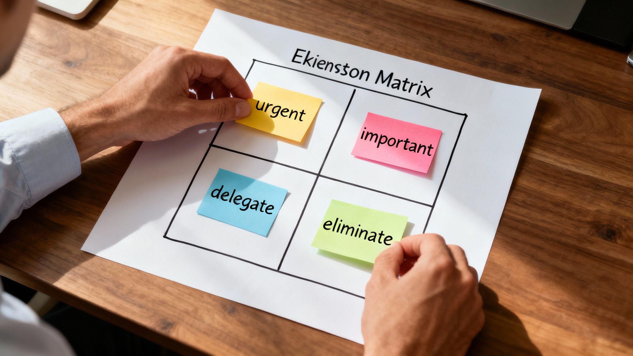 A person sorting through various colorful sticky notes on a clear board, representing project prioritization.