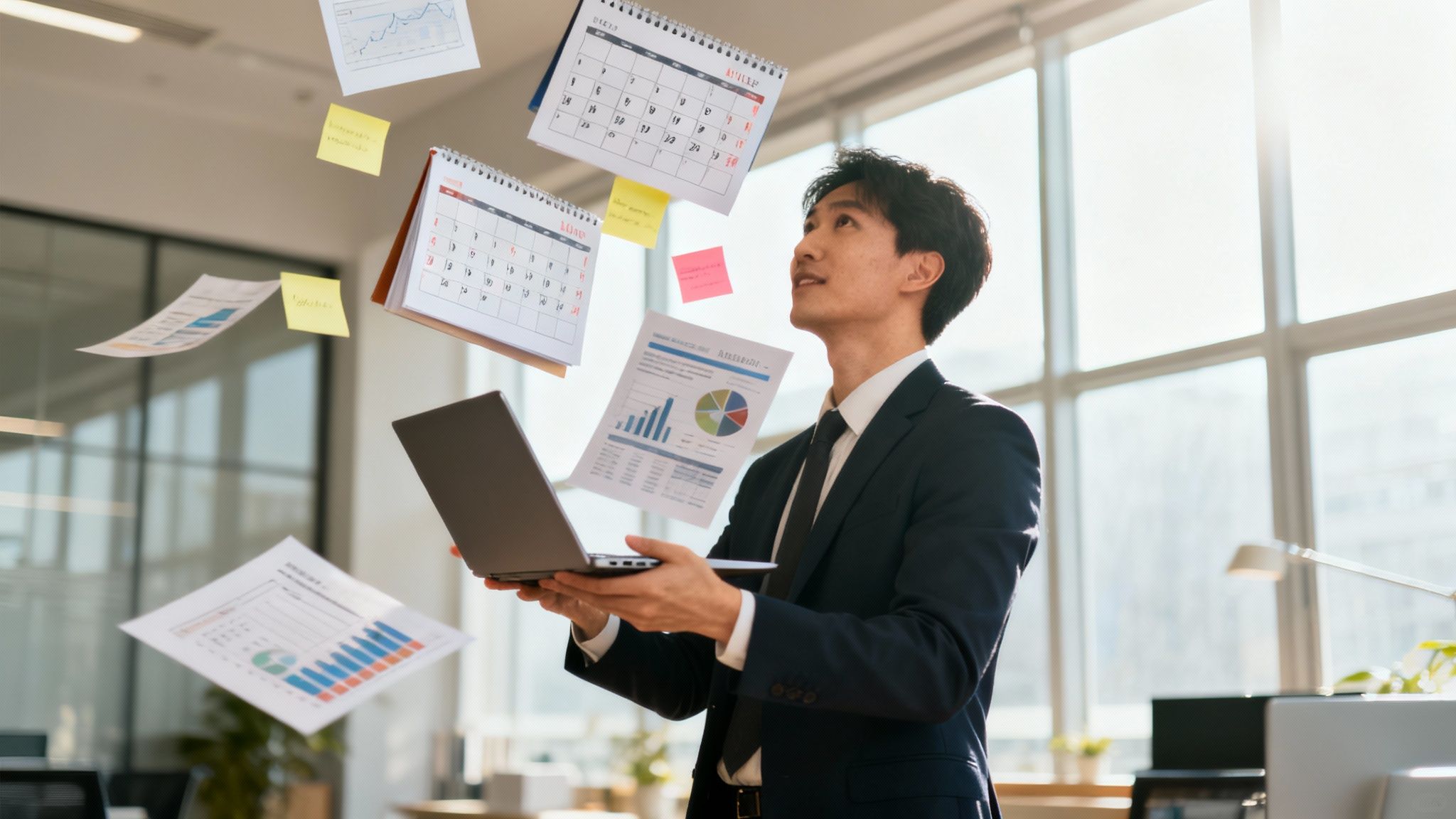 A professional woman managing multiple tasks on a digital interface, symbolizing project management.